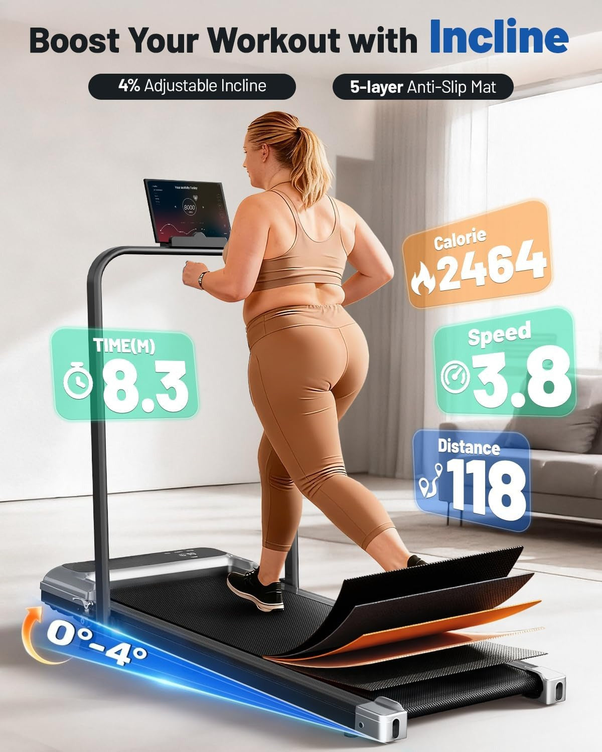 Incline Walking Pad Treadmill with Handle Bar
