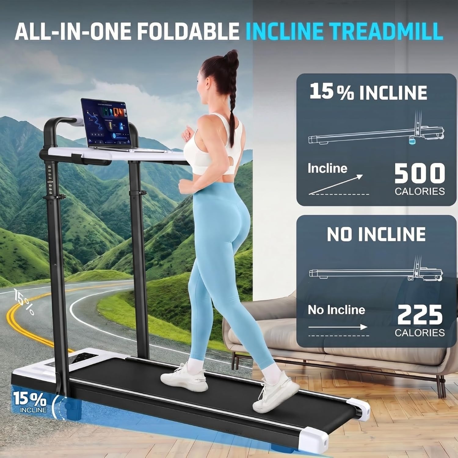 Foldable Incline Walking Pad Treadmill with Handles
