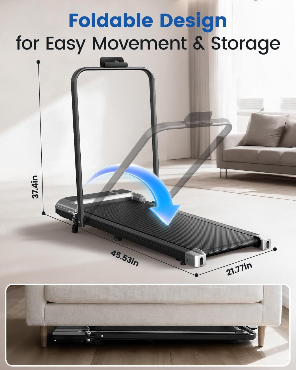 Incline Walking Pad Treadmill with Handle Bar