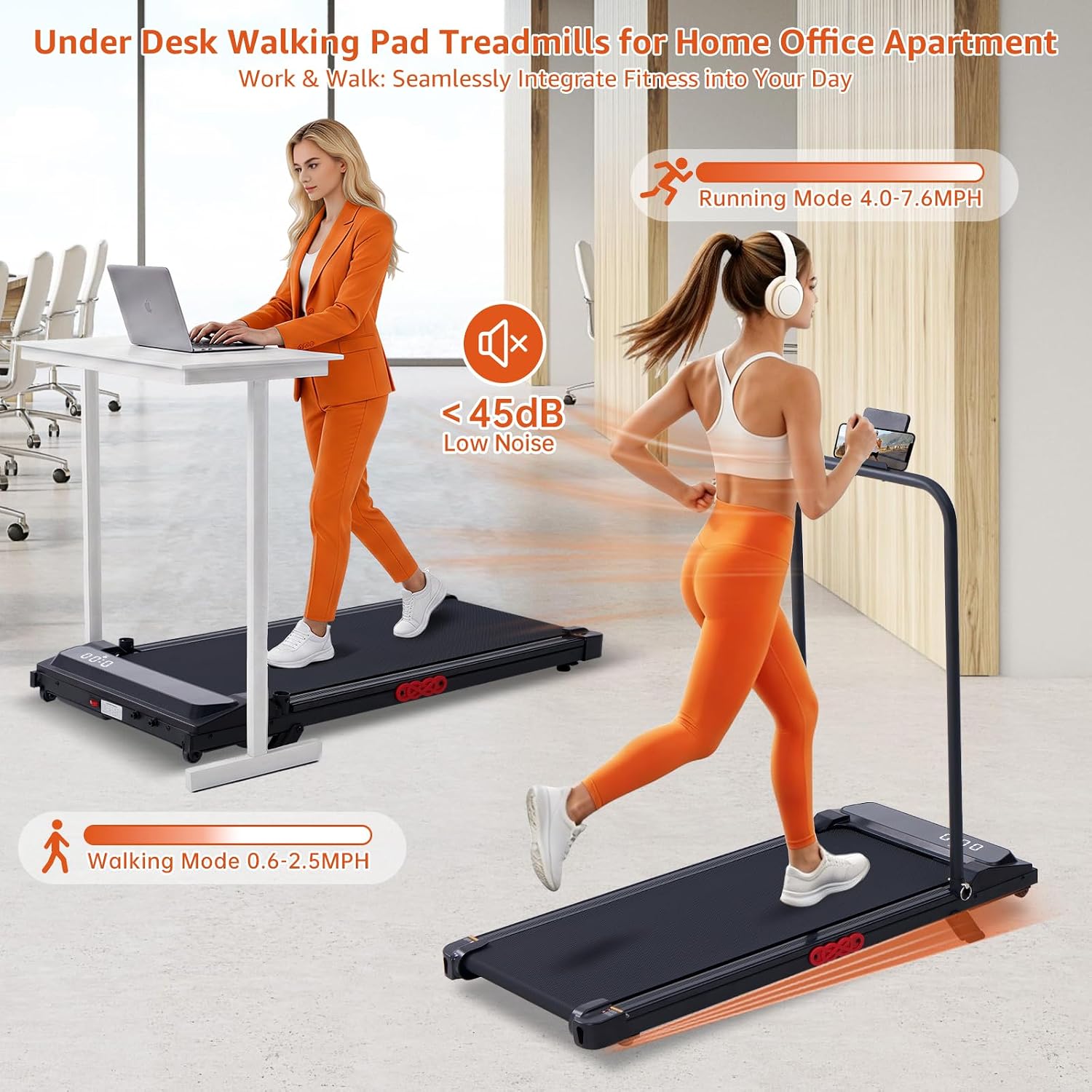 Incline Under‑Desk Treadmill with Handle Bar
