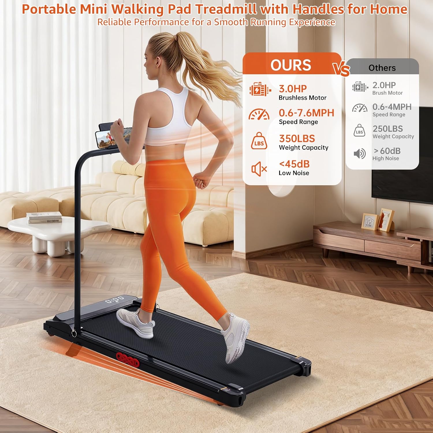 Incline Under‑Desk Treadmill with Handle Bar
