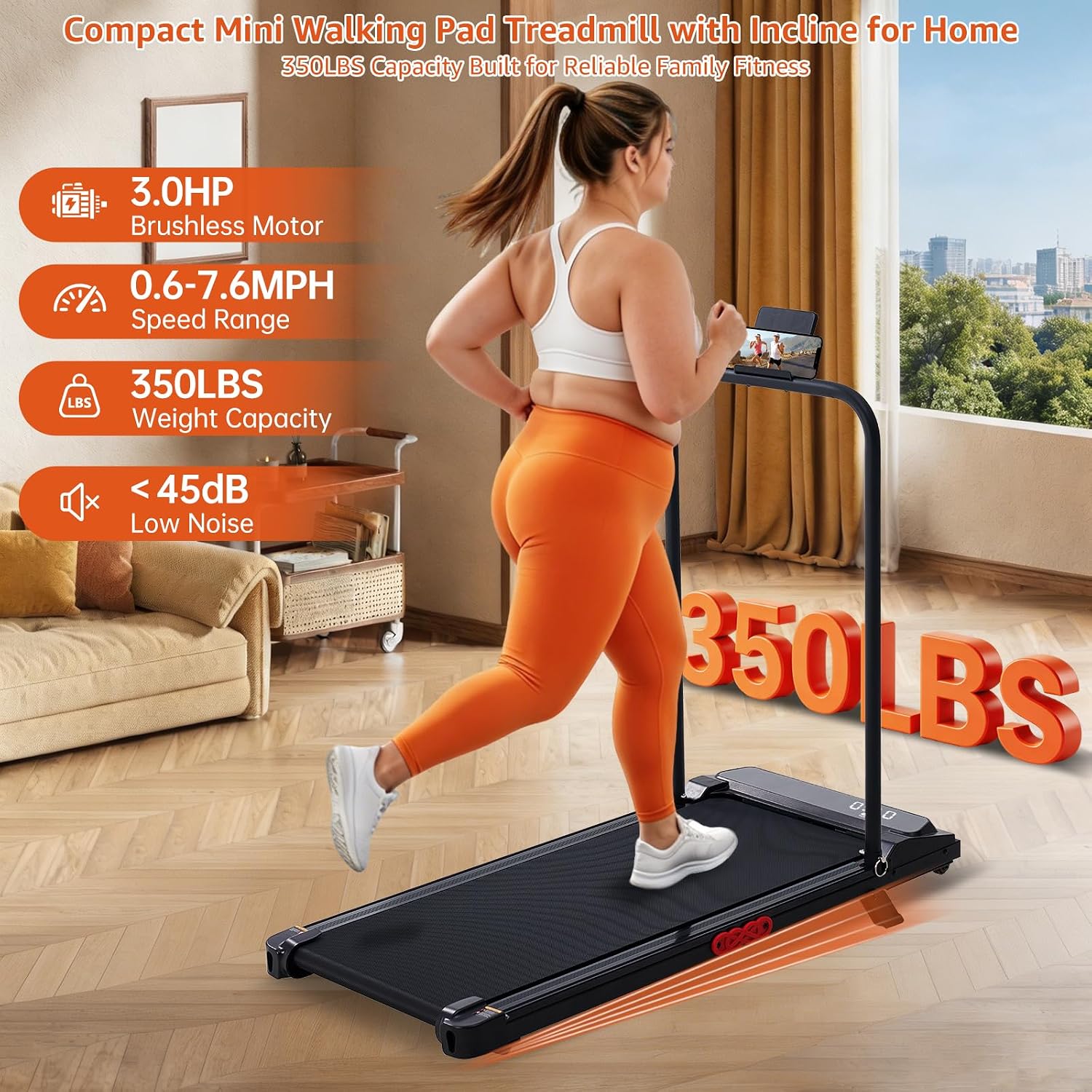 Incline Under‑Desk Treadmill with Handle Bar