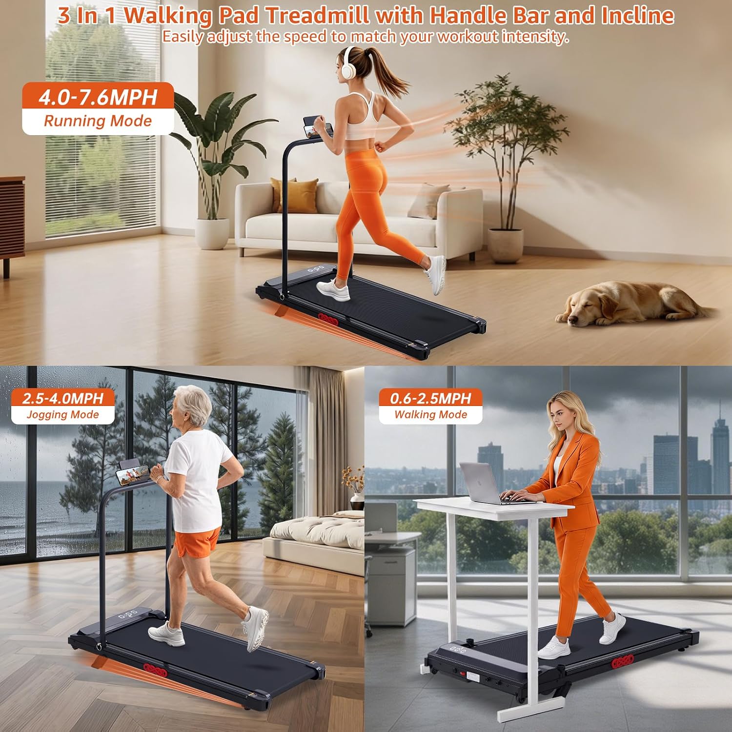 Incline Under‑Desk Treadmill with Handle Bar