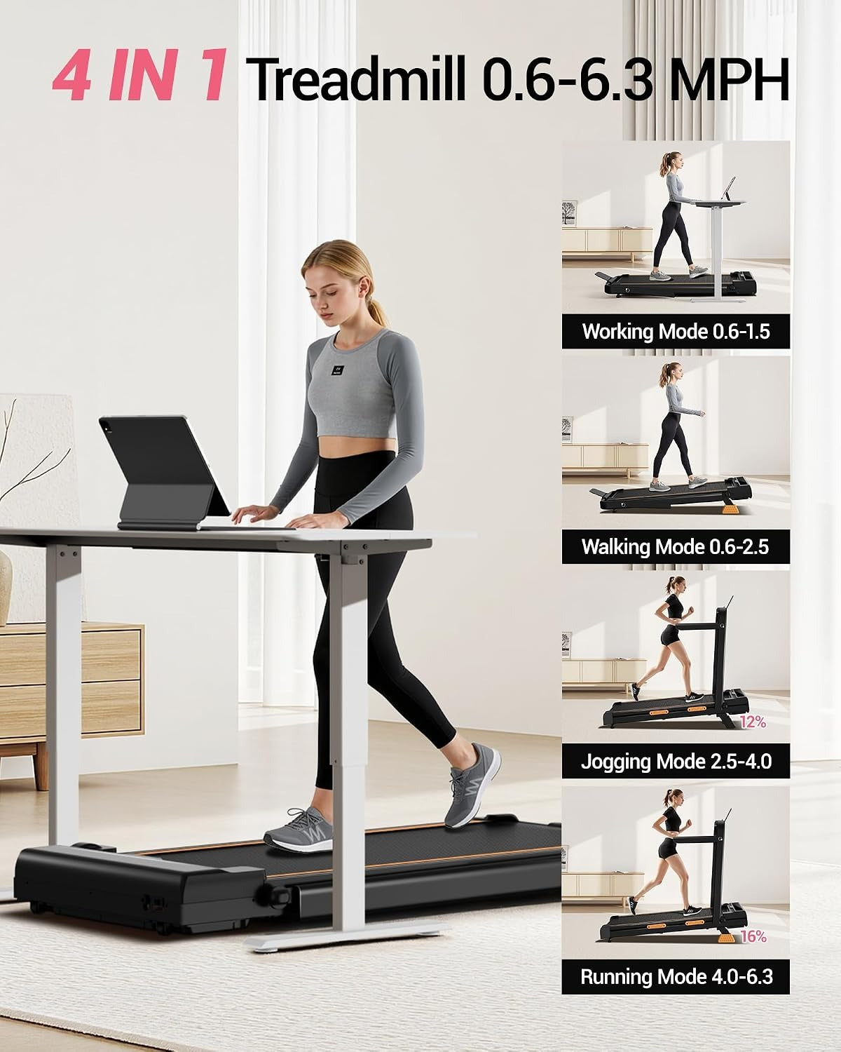 4‑in‑1 Foldable Incline Walking Pad Treadmill